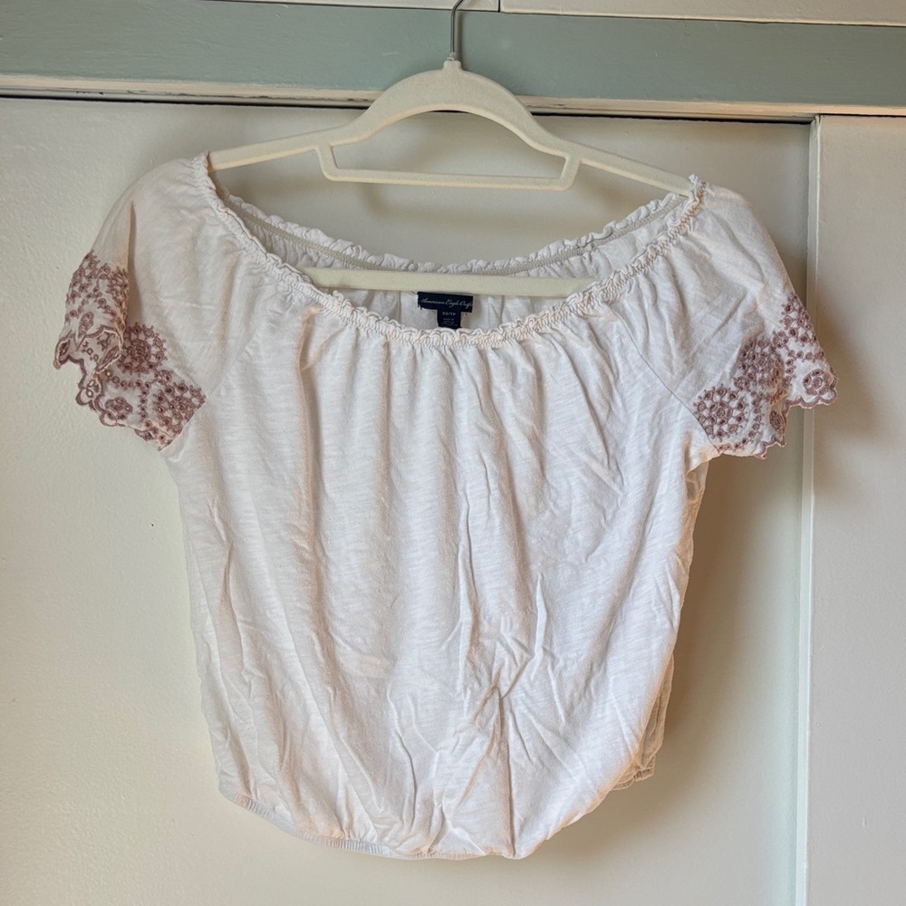 American Eagle Outfitters Y2K White Blouse with Brown Lace Sleeves